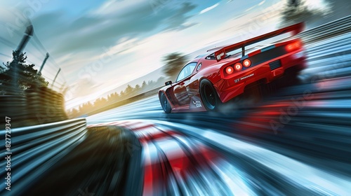 Super car racing on the circuit track while driving at high speed and accelerating at full power. copy space for text.