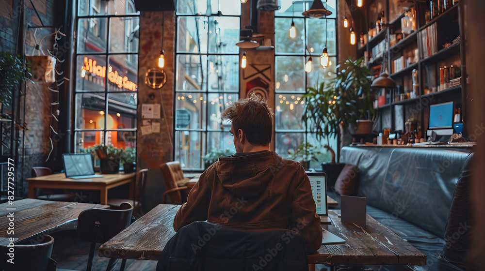 A man sitting in a coffee shop, looking out the window, lost in thought.