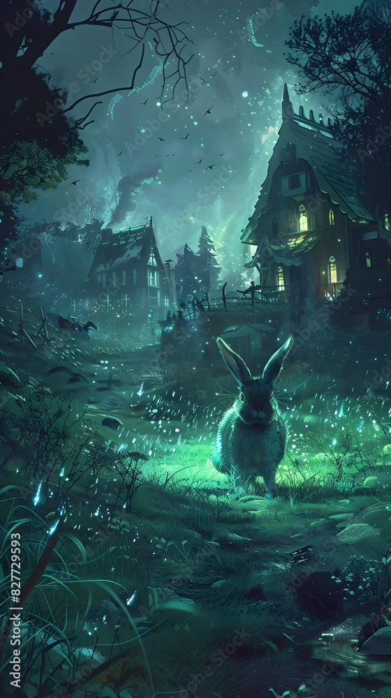 Fototapeta premium Enchanted Moonlit Castle in Mystical Forest with Glowing Rabbit