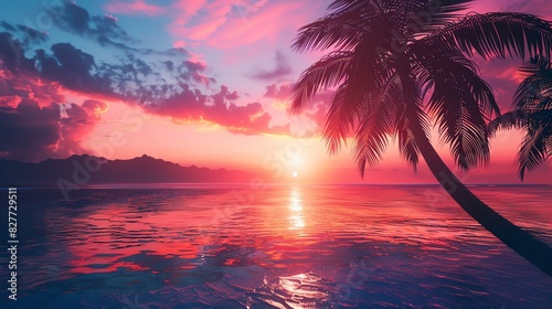 Stunning tropical sunset with vibrant colors  palm tree silhouette  and tranquil ocean view  perfect for relaxation and travel inspiration.