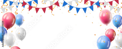 triangle pennants chain, balloon and falling confetti for holiday party, national patriotic celebration vector illustration