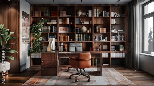 A chic home office space with a sleek desk, ergonomic chair, and floor-to-ceiling bookshelves filled with books and decorative items.