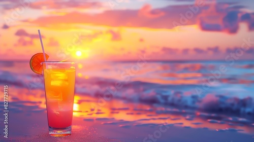 Refreshing tropical cocktail on the beach during a vibrant orange and purple sunset  with waves gently crashing in the background.