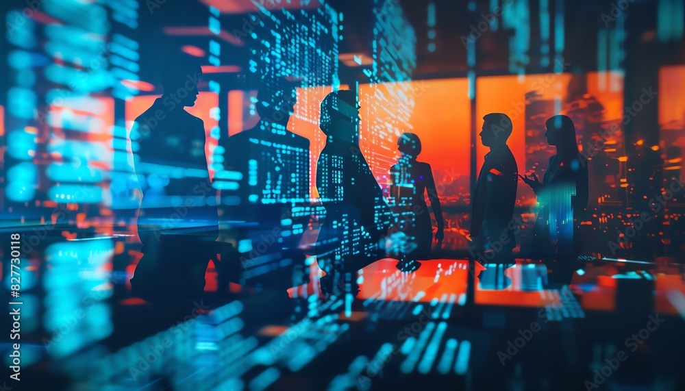 Obraz premium Silhouetted figures against a backdrop of digital data and cityscape, signifying technology and teamwork in a modern office setting.