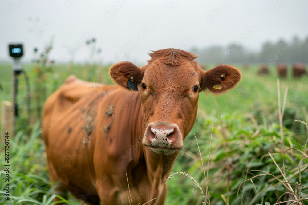 Brown cow in grassy field looks at camera in natural landscape with sky
