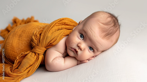 Serene Newborn: Side-Laying Baby in Swaddle. Generative AI photo