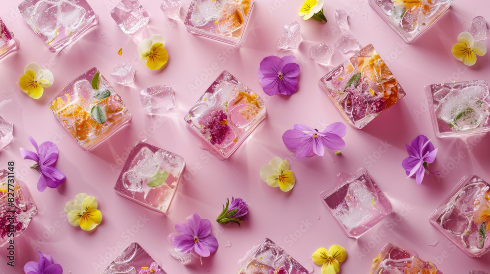 Floral Ice Blocks on Pink Background