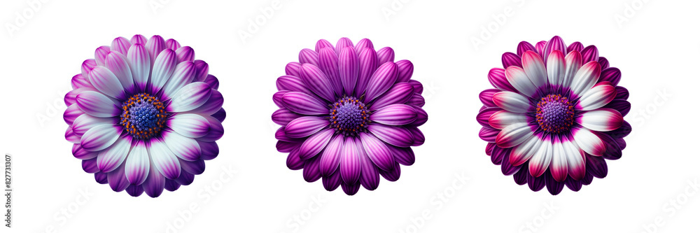 Obraz premium Set of Three beautiful daisies flower on top view, isolated over on transparent white background