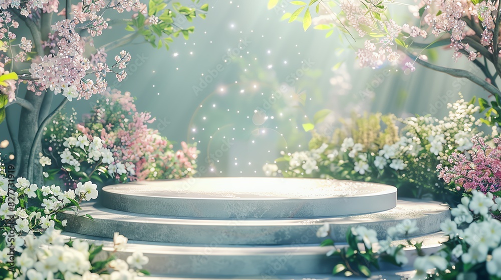 Podium for product, Divine 3D illustration podium in a heavenly garden setting with blooming flowers and sparkling light, excellent for spiritual presentations
