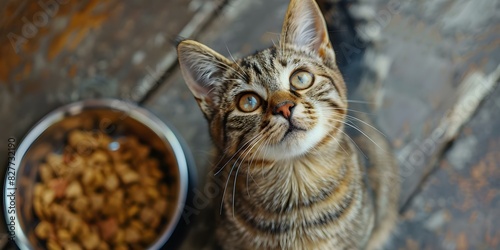 An expectant cat looks up hungrily next to its food bowl. Concept Pets, Animals, Expectant, Hungry photo