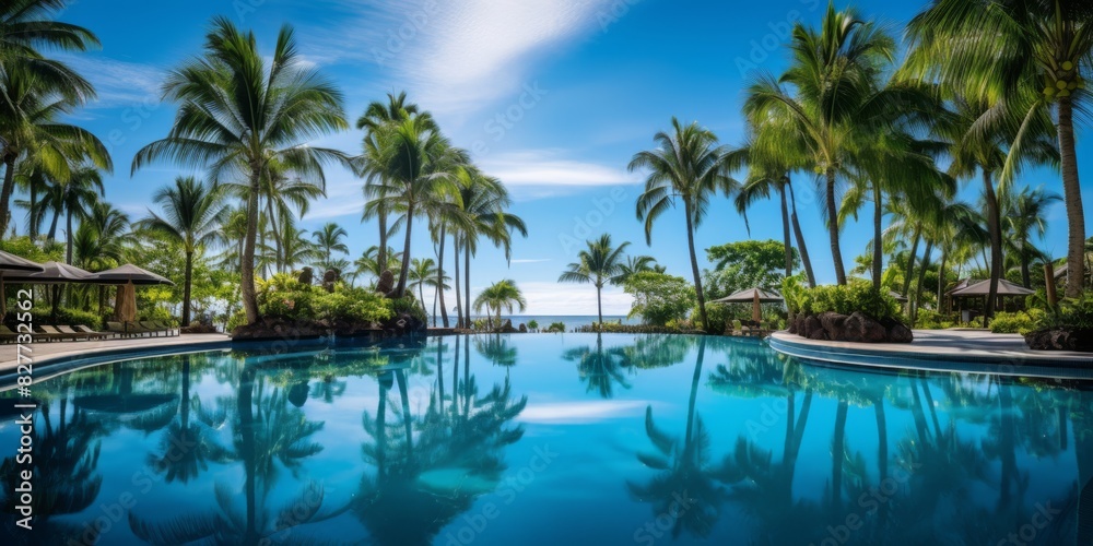 Luxurious Resort Infinity Pool Surrounded By Lush Palms And Ocean View. Generative AI Luxurious Resort Infinity Pool Surrounded By Lush Palms And Ocean View. Generative AI