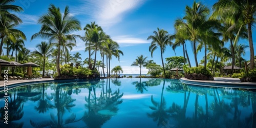 Luxurious Resort Infinity Pool Surrounded By Lush Palms And Ocean View. Generative AI