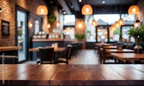 Front-Facing Wooden Tabletop with Fuzzy Coffee Shop Background 