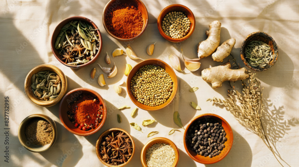 Assortment of Spices in Sunlit Kitchen Setting
