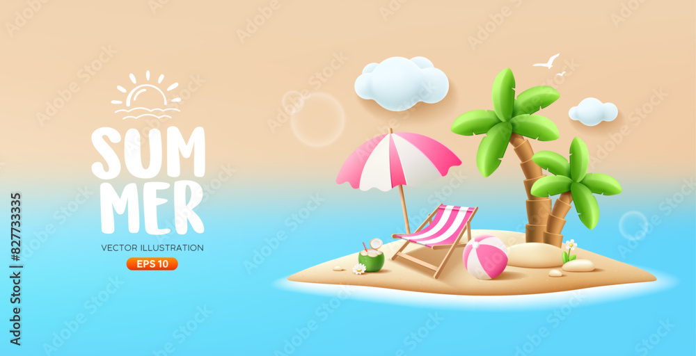 Fototapeta premium Summer island beach, coconut trees. pile of sand, coconut fruit, beach umbrella, beach chair, beach ball, banner design, on sea beach background, EPS10, vector illustration 