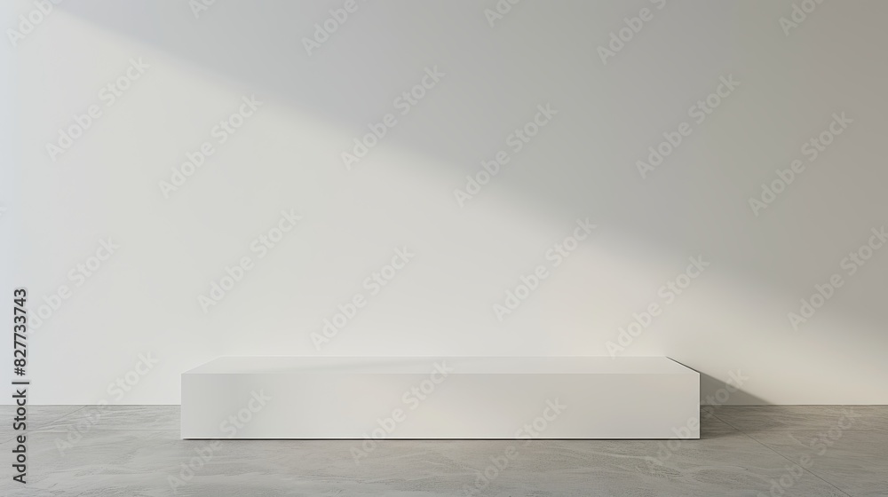 Fototapeta premium Podium product placement natural sunlight shadow on white plaster wall background. Space for text. Studio branding interior concept. Pedestalfor overlay on product presentation, 3d render