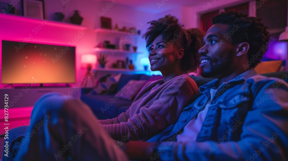 A man and woman are lying on a couch in a dimly lit room A man and woman are lying on a couch in a dimly lit room