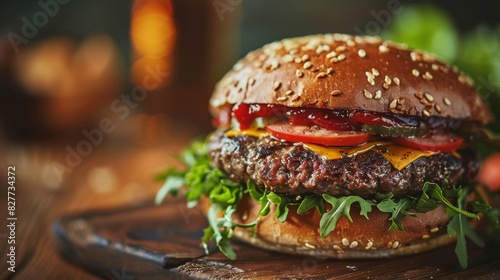 A large hamburger with lettuce and tomato on top of a bun photo