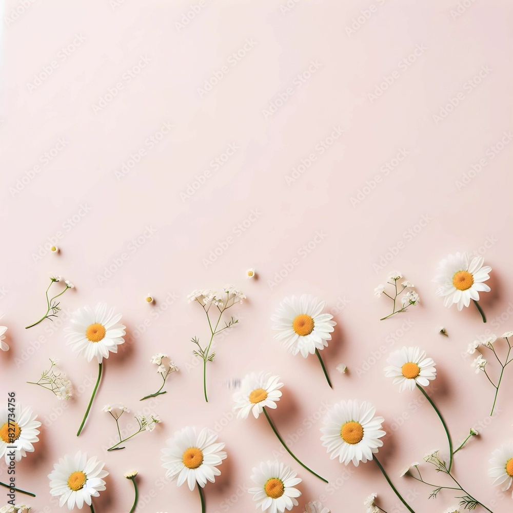 Fototapeta premium Minimal styled concept. White daisy chamomile flowers on pale pink background. Creative lifestyle, summer, spring concept. Copy space, flat lay, top view.