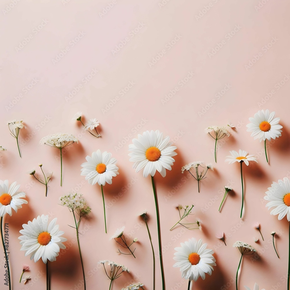 Obraz premium Minimal styled concept. White daisy chamomile flowers on pale pink background. Creative lifestyle, summer, spring concept. Copy space, flat lay, top view.