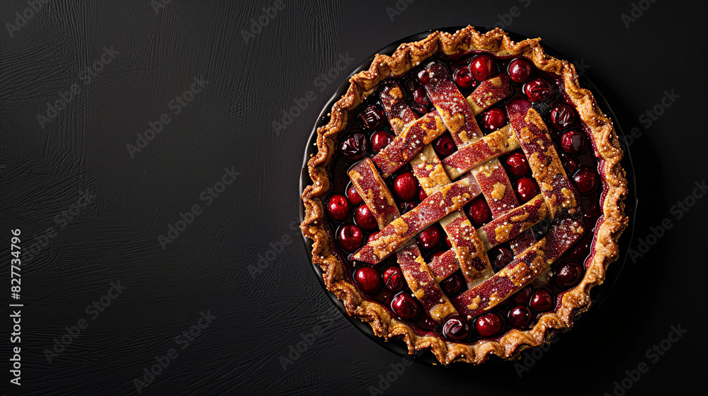 high-contrast image of a cherry pie with a crumbly crust and a juicy cherry filling, copyspace, background plain black, plenty of room for text, Autumn and Harvest theme, recipes and cooking high-contrast image of a cherry pie with a crumbly crust and a juicy cherry filling, copyspace, background plain black, plenty of room for text, Autumn and Harvest theme, recipes and cooking