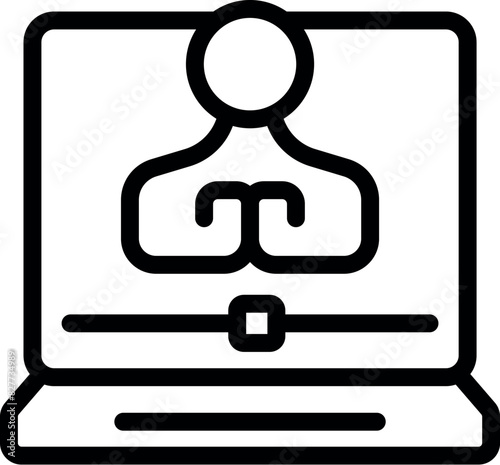 Black and white iconographic image depicting a person on a computer screen for video conferencing