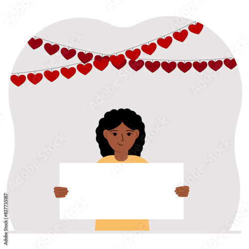 A little girl is holding a large blank sheet for text. There are many red hearts nearby. The concept of Happy Women, Valentine's Day, father's day, declaration of love or holiday. Vector flat illustra