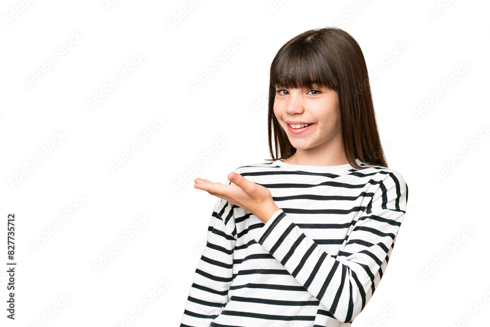 Little caucasian girl over isolated background presenting an idea while looking smiling towards Little caucasian girl over isolated background presenting an idea while looking smiling towards