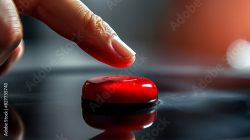 Critical Moment: Finger Pressing Red Button in Macro Detail. Generative AI