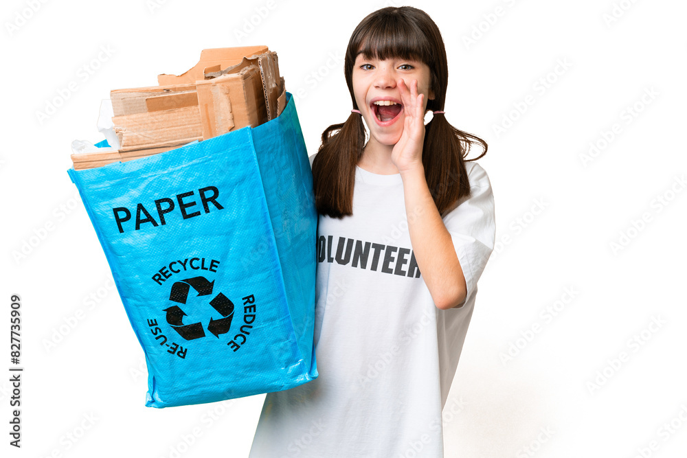 Little Caucasian girl holding a recycling bag full of paper to recycle over isolated background shouting with mouth wide open Little Caucasian girl holding a recycling bag full of paper to recycle over isolated background shouting with mouth wide open