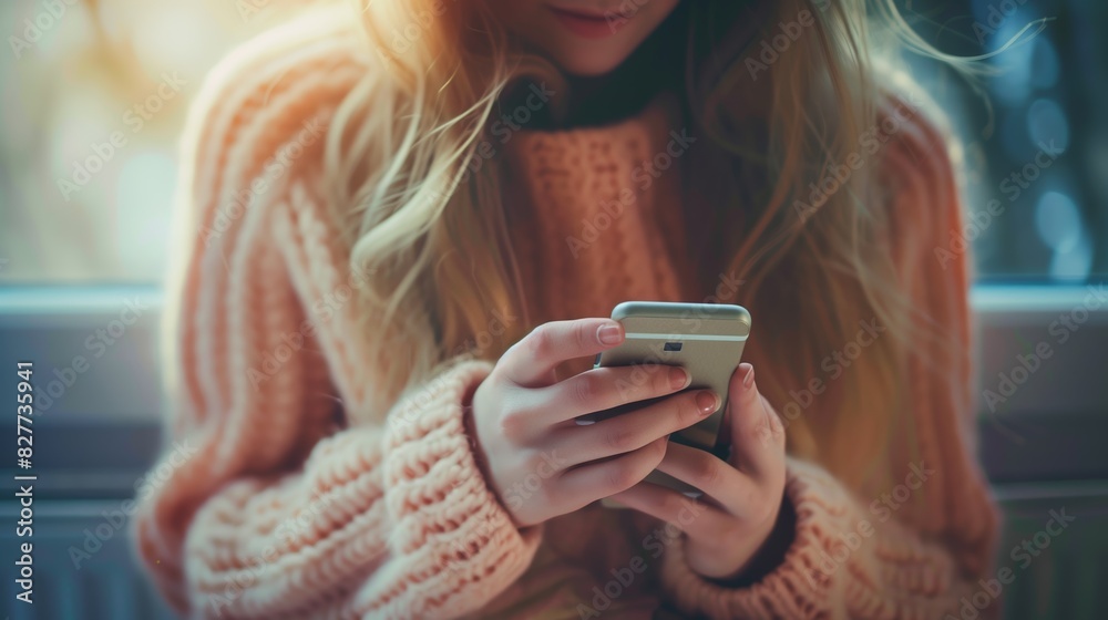 Fototapeta premium Engaged Woman Texting in Casual Setting