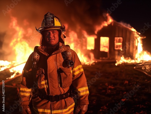 A firefighter stands in front of a burning house. The fire is raging and the firefighter is wearing a yellow helmet