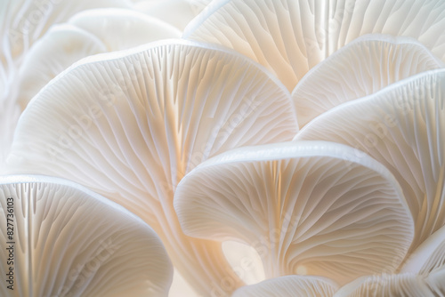Close Up of Elegant White Mushrooms with Delicate Gills in Soft Light