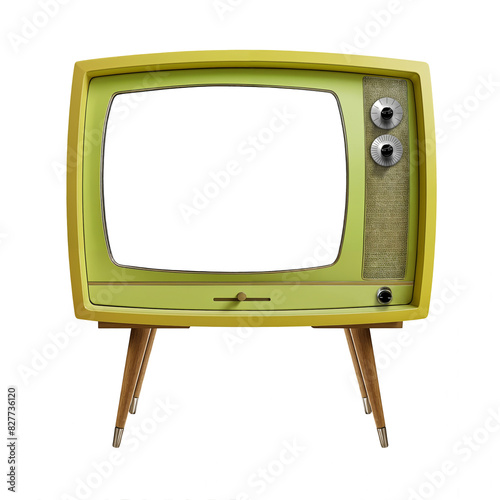 1960's era lime green television set isolated on a transparent background. NTSC, VHF, UHF, antenna reception.