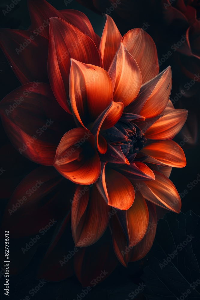 Close Up of Radiant Orange Dahlia in Dramatic Lighting   Macro Floral