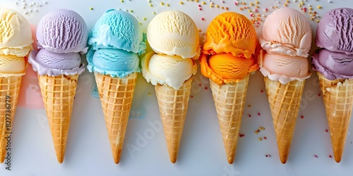 A row of colorful ice cream cones against a white backdrop evokes a summer vibe. Concept Photography, Summer, Ice Cream, Colorful, Props photo