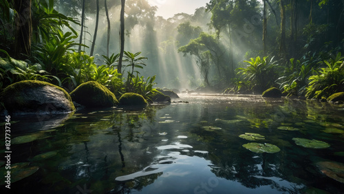 Serene foggy amazon rainforest river landscape. Generative ai