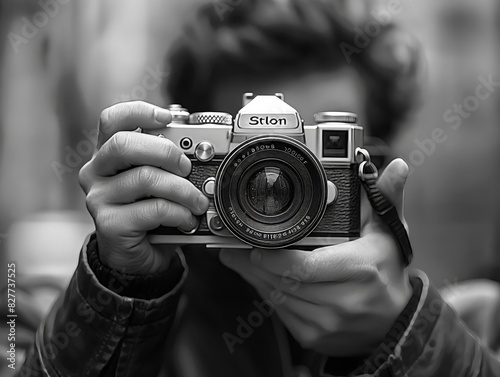 A man is holding a camera with the brand name Stilon on it. He is taking a picture of himself