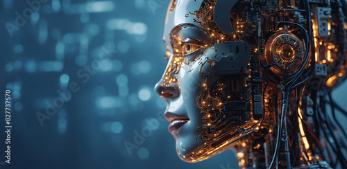 Electronic human head with integrated circuits  concept of artificial intelligence technology  biotechnology innovation  robot progress and machine learning