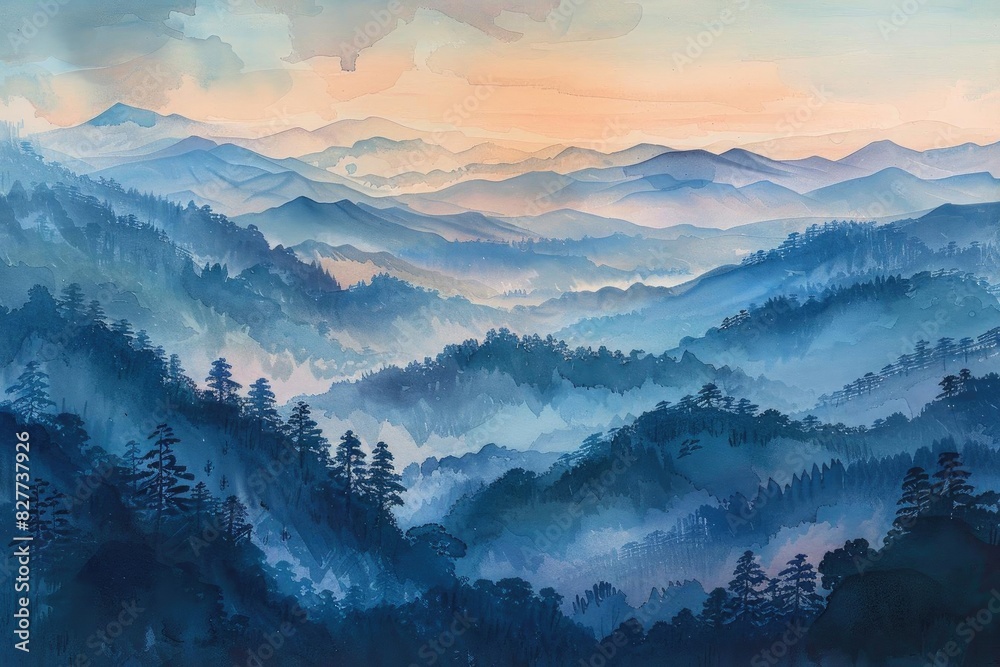 Serene watercolor landscape of misty blue mountains and pine forests under a soft morning sky, creating a peaceful and calming atmosphere.