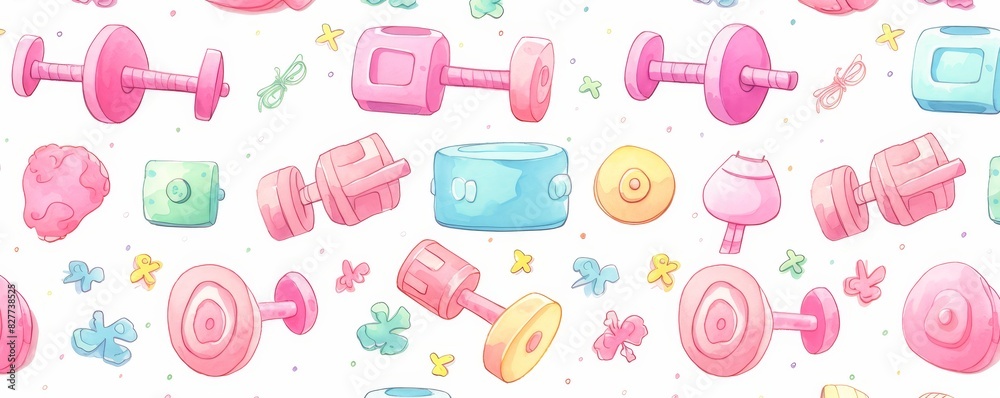 hand painted doodle background, cute Dumbbells theme pastel color