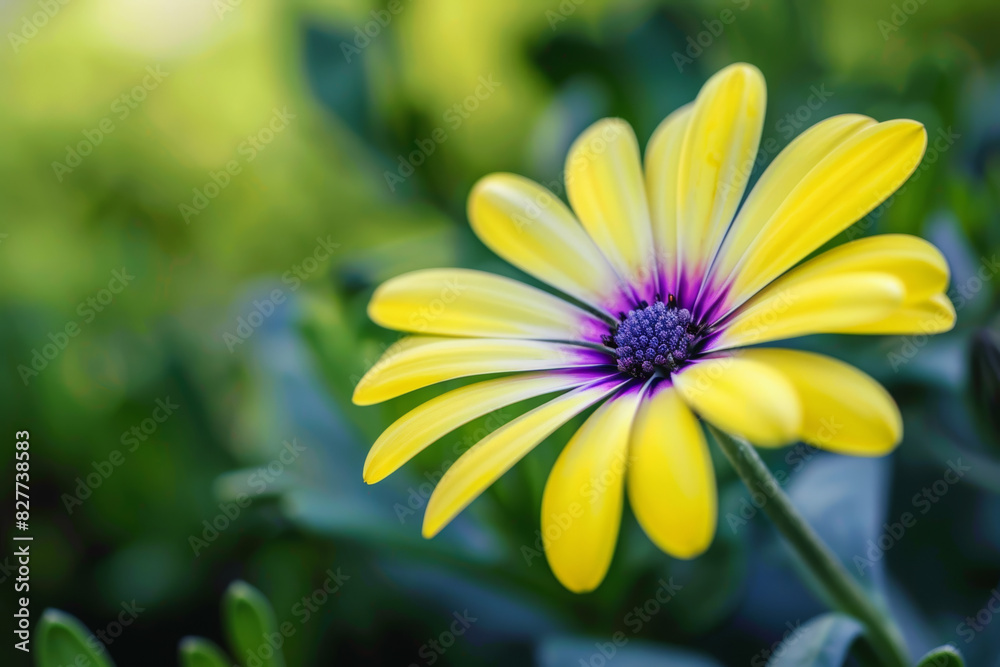 Vibrant Yellow Daisy Flower with Purple Center in a Lush Green Garden Vibrant Yellow Daisy Flower with Purple Center in a Lush Green Garden