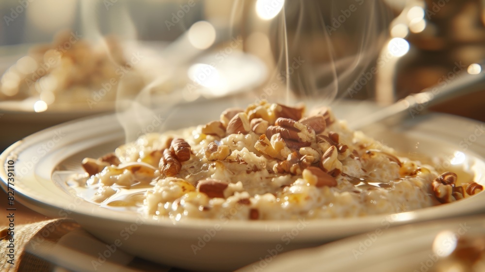 Plates of steaming oatmeal topped with nuts and honey are laid out for a cozy breakfast. Plates of steaming oatmeal topped with nuts and honey are laid out for a cozy breakfast.
