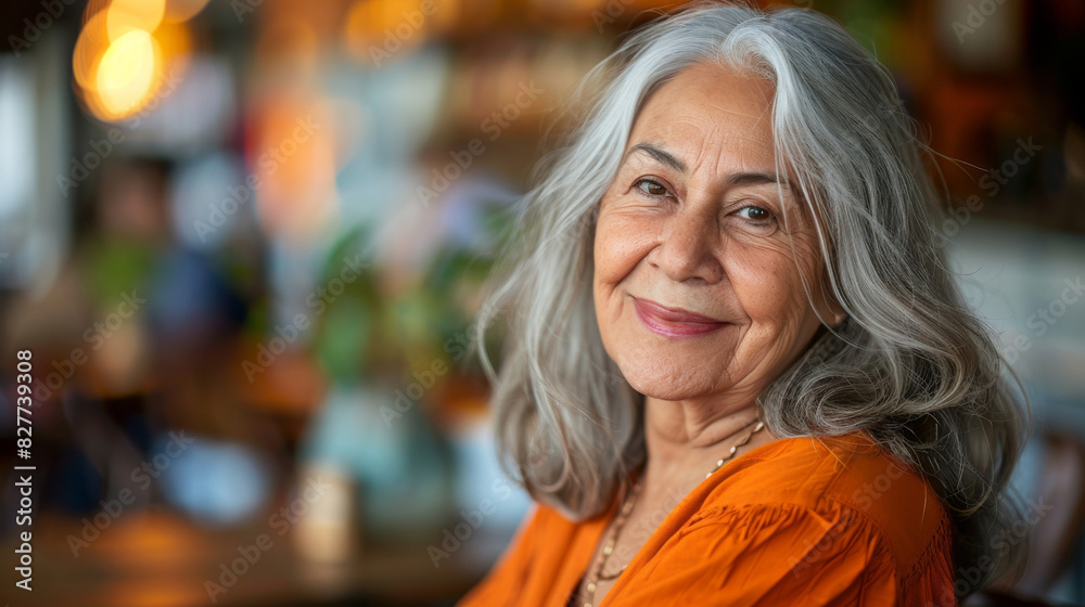 Fototapeta premium Elegant elderly woman with grey hair smiling warmly in a charming café portrait