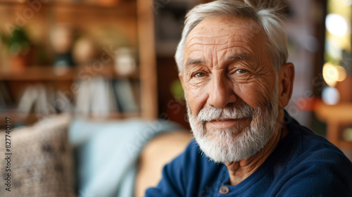 Close-up of a cheerful senior man with a white beard in a cozy home environment