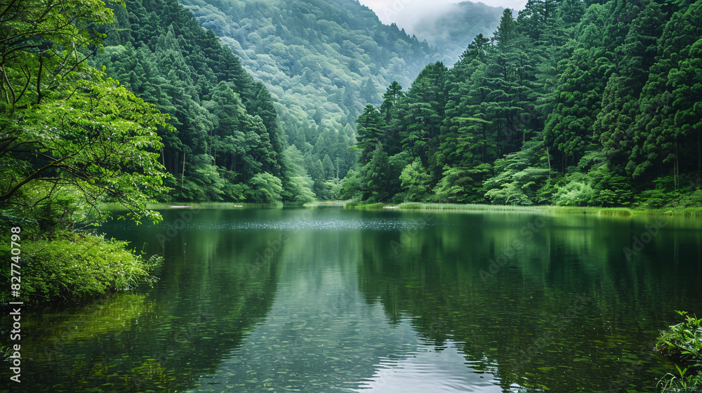 Serene green forest lake reflection. Tranquil scene of a pristine lake reflecting the lush green forest and mountains, a perfect image of nature's beauty and serenity.