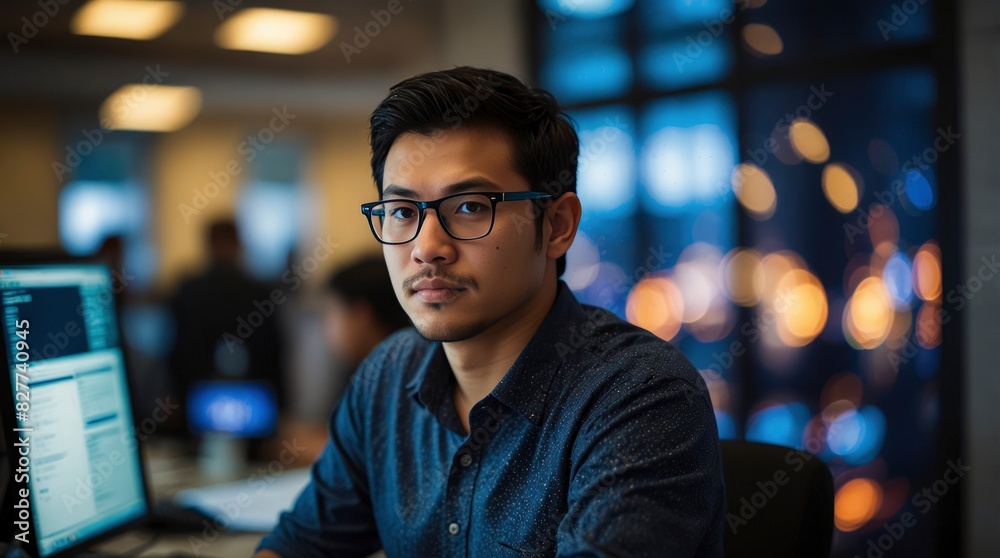 Developer working on desktop computer in software company. Developer working on desktop computer in software company.