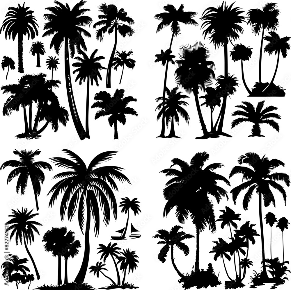 Obraz premium black tree silhouette set label protection silhouette graphic pine drawing trunk woodland shape illustration set wild cedar collection evergreen symbol black card needles spruce