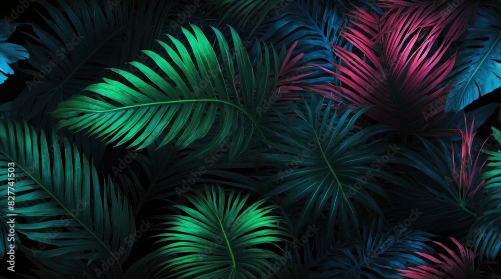 Green and blue neon lights highlighting tropical leaves Green and blue neon lights highlighting tropical leaves