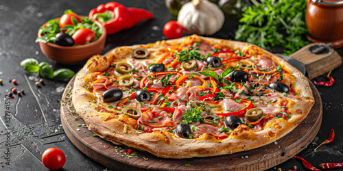 Delicious Freshly Baked Pizza with Olives, Peppers, and Ham on Rustic Wooden Board